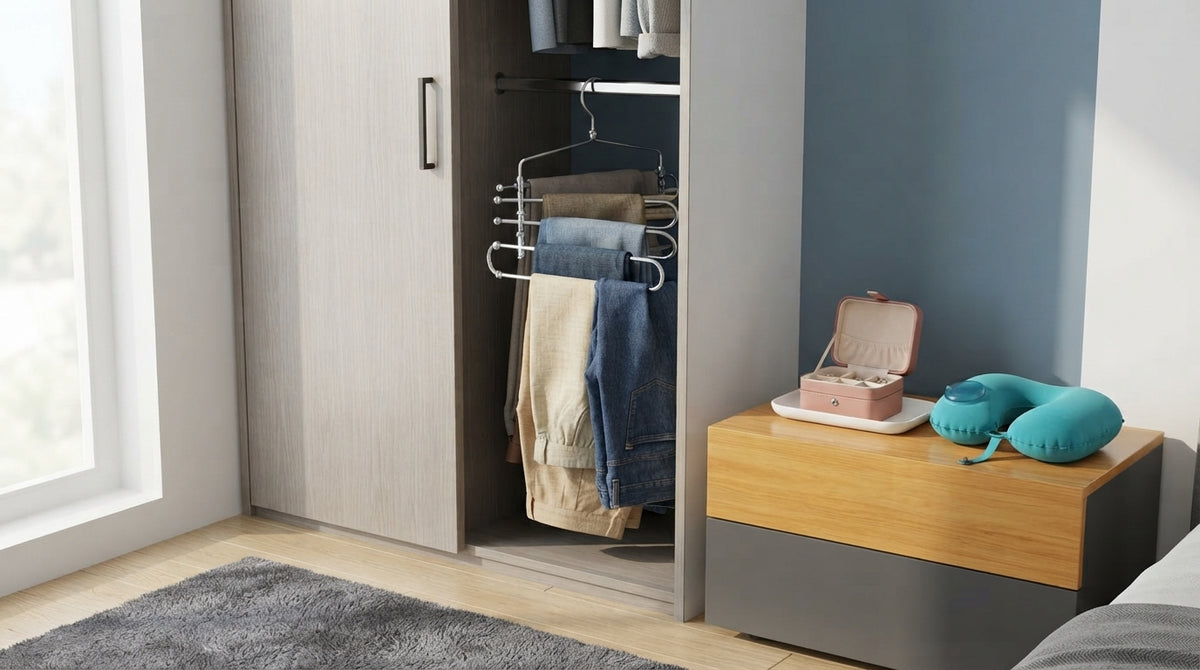 A 5-layer trouser hanger, a mini leather jewelry box, and a travel neck pillow arranged in a modern, organized home setting.